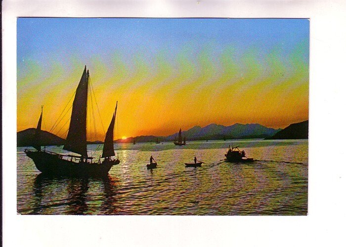 Fishing Junk Under Setting Sun, Harbour, Hong Kong,