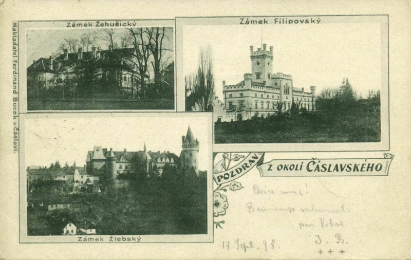 czech OKOLÍ ČÁSLAVSKÉHO Zámek Zehušický Filipovský and Žlebský 1898 Postcard