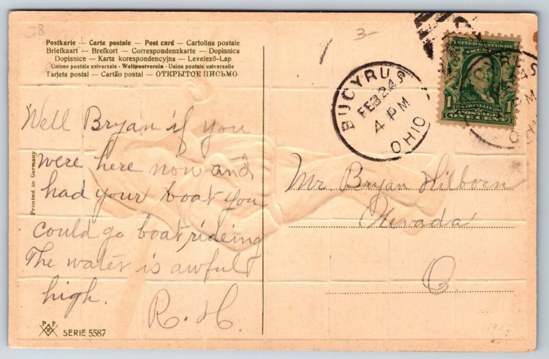 PFB~Dutch Boy Smokes A Pipe~Boat Oar On Shoulder~Delft Blue Tiles~Emboss~#5587