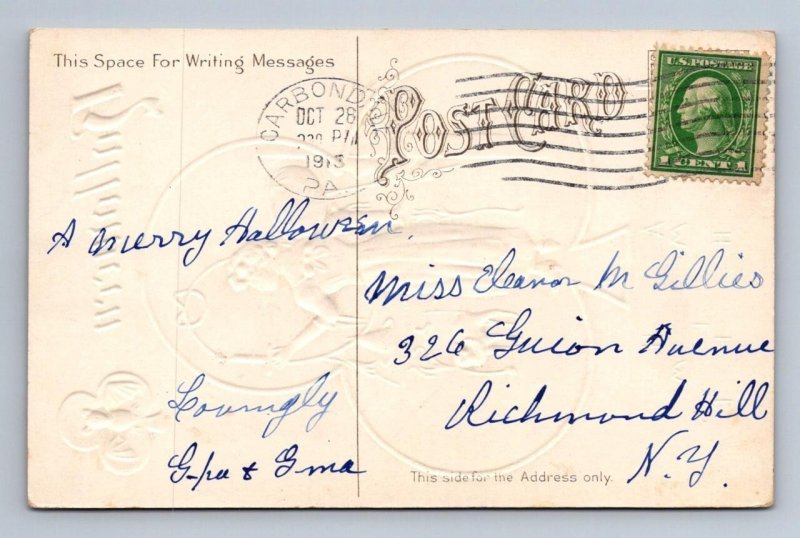 WITCH CANDLE CHILD CAT BAT JOL HALLOWEEN EMBOSSED POSTCARD 1913