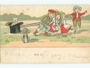 Pre-Linen comic foreign GERMAN KIDS PLAYING WITH DOGS k3674