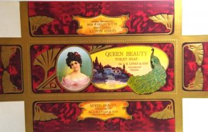 Queen Beauty Toilet Soap Box Label Artwork Victorian Lady Peacock Bird 1910's