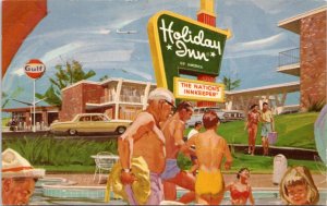 Postcard 1960s artist render Holiday Inn Hotel pool Gulf Gas Station