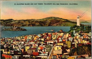 Vtg Alcatraz Island and Coit Tower Telegraph Hill San Francisco CA Postcard