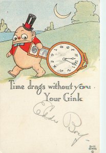 Signed Artist Postcard George Brill Gink Anthropomorphic Egg Person With Clock