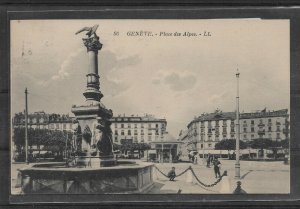 Postcard Switzerland Geneva Square, Fountain,Place des Alpes, Posted in 1924