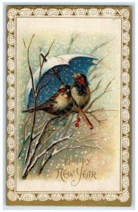 c1910's New Year Song Birds Snowfall Umbrella Embossed Unposted Antique Postcard