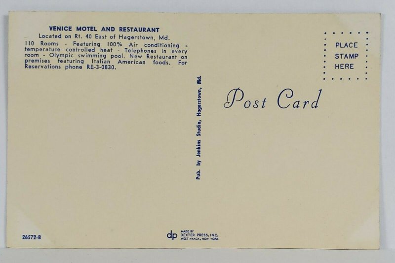 MD Hagerstown Maryland 1950s VENICE MOTEL and RESTAURANT on Rte 40 Postcard S7