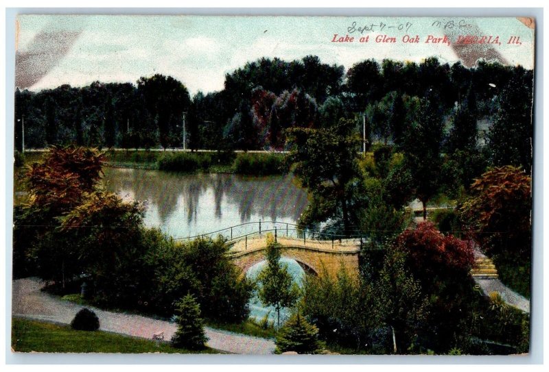 1907 Lake At Glen Oak Park Bridge Peoria Illinois IL Posted Vintage Postcard