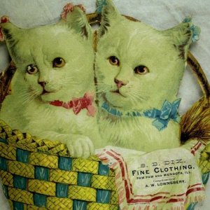 1880's Large Die-Cut Adorable White Cats Kittens Basket S. B Dix Clothing &F