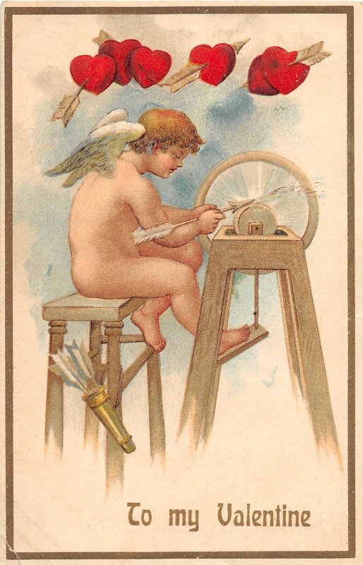 F99/ Valentine's Day Love Holiday Postcard c1910 Grind Wheel Cupid 17