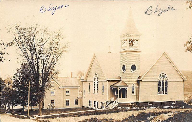 Union ME Methodist Church and Parsonage Bell Tower RPPC Postcard