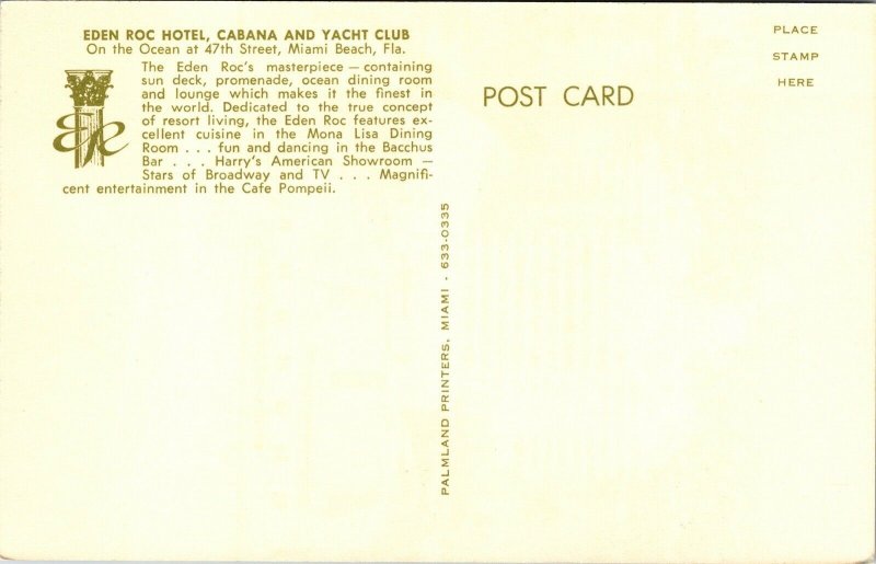 Eden Roc Hotel Cabana Yacht Club Miami Beach FL Florida Air Postcard VTG UNP 