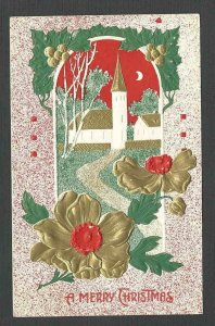 1911 PPC CHRISTMAS CARD HEAVILY EMBOSSED IN GOLD, GREEN & RED