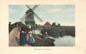 Vintage Postcard 1910's Molenzicht Volendam Windmill Mother & Daughters Holland