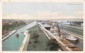 Sault Ste Marie Locks Steamers Michigan 1910c Phostint postcard 