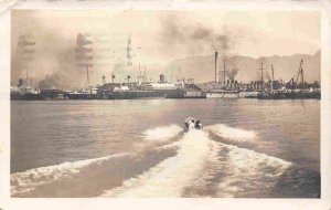 Waterfront Ships Motor Boat Honolulu Harbor Hawaii 1928 RPPC Real Photo postcard