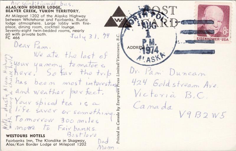 Alas/Kon Border Lodge Beaver Creek Yukon c1974 Northpole AK PO Postcard F3