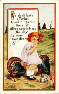 Little Girl Scared of Turkeys Thanksgiving Embossed Vintage Postcard A15