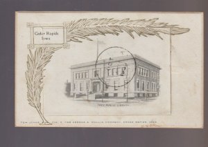 Cedar Rapids IOWA 1909 FREE PUBLIC LIBRARY Opens Up MECHANICAL CARD Neat!! IA