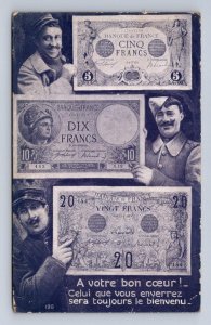 FRANCE CURRENCY WORLD WAR 1 MILITARY POSTCARD (c. 1914)