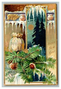 Vintage 1909 Tuck's New Year Postcard Pine Tree Pine Cones Gold Pig Interesting