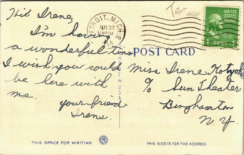 Skyline Detriot Michigan MI Ships Linen Postcard VTG PM Clean Cancel WOB Note 