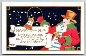 New Year~Town Crier Rings Bell~Lantern~Black Bk~c1920 Vintage ART DECO Postcard