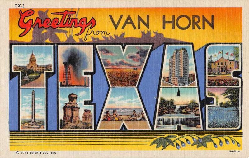 Van Horn Texas Large Letter Linen Antique Postcard K53482