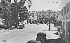Stowe VT Green Mountain Inn Street View Old Cars Church Tydol Gas Sign RPPC