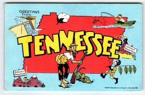 Postcard Greetings From Tennessee Map Linen Hillbilly Smokey Mountains 1955