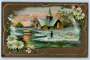 1910 New Year Greetings Church On Winter Daisy Flowers Gel Gold Gilt Postcard