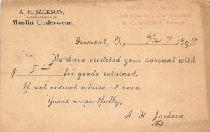 J26/ Fremont Ohio Postcard 1899 A.H. Jackson Muslin Underwear Account 250