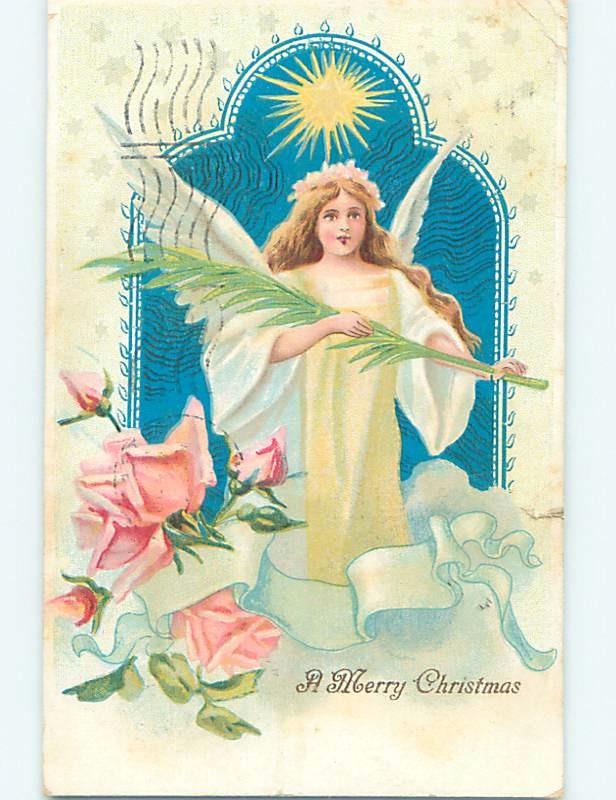 Pre-Linen christmas BEAUTIFUL ANGEL HOLDING PALM LEAF hk9938