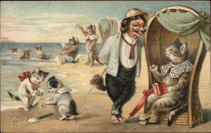 Animal Fantasy Cats Dogs as People Clothes on Beach Anthropomorphism Postcard