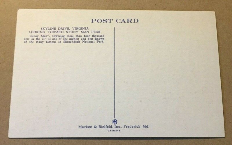 VINTAGE UNUSED LINEN POSTCARD SKYLINE DRIVE, VIRGINIA