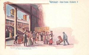 BOARDING THE STEAMER SHIP VOYAGE NEW YORK TO EUROPE ASC POSTCARD (1897)