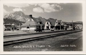 Jasper Alberta CNR Railway Station & Pyramid Mountain Unused RPPC Postcard F72