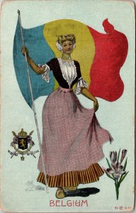 Belgium Patriotic Flag Girl Artist Signed Postcard B26