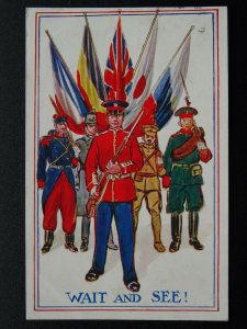 WW1 Patriotic Flags & Allies WAIT AND SEE! c1914 Postcard by Inter Art Co.