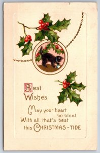 Christmas~Chain Pendant Inset Black Cat w/Ornament~Holly Berries~1913 Germany