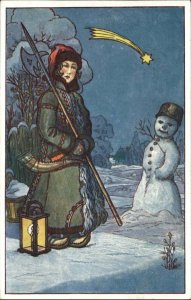 Christmas Young Man Axe Weapon Snowman Shooting Star Czech Postcard