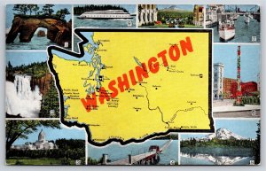 Washington State Map~Tacoma~Seattle~Kalakala Ferry~Floating Bridge~Vintage PC