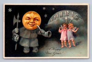 HAPPY NEW YEAR FULL MOON FACE CLOCK ANGELS EMBOSSED PFB POSTCARD 1908 !!