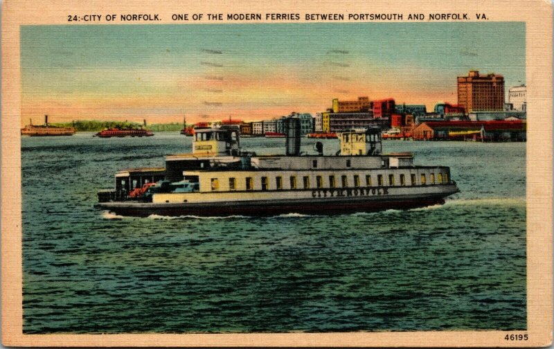 Virginia VA City Of Norfolk Ferry Boat Norfolk To Portsmouth Linen Postcard 