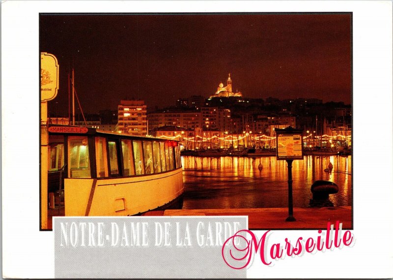 VINTAGE CONTINENTAL SIZE POSTCARD NOTRE DAME DE LA GARDE MARSEILLE FERRY BOAT