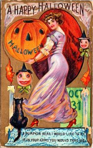 Vintage Victorian Woman, Black Cat, Pumpkin, JOL, Romantic Halloween Postcard
