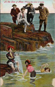 Isle of Man Women Bathing Swimming Men Watching Unused Postcard G14