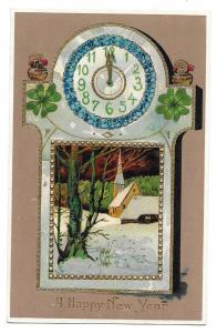 Unmailed Happy New Year, Clock, Winter scene, Made in Germany, Gel Brillant