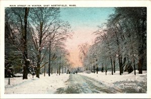 Vtg 1920s Main Street in Winter East Northfield Massachusetts MA unused Postcard